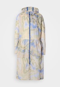 Water-resistant coat in a beige, blue, and green contour pattern. Features a hood, drawstring waist, front zip closure, and side pockets.
