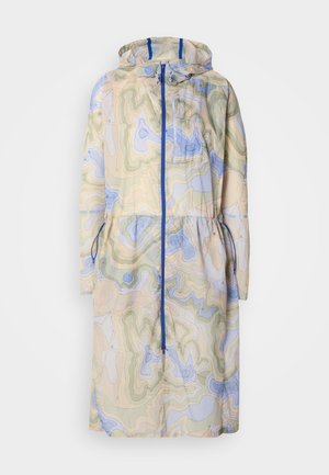 Water-resistant coat in a beige, blue, and green contour pattern. Features a hood, drawstring waist, front zip closure, and side pockets.