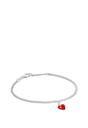 Silver chain bracelet with a small red heart charm featuring a clear gemstone in the center and a lobster clasp closure.
