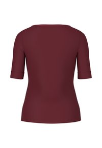 Burgunderfarbenes, figurbetontes Oberteil mit Rundhalsausschnitt und kurzen Ärmeln. Glatte Textur mit umgeschlagenen Ärmelsäumen. Ohne Muster oder Verzierungen.