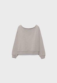 Lysegrå langærmet sweatshirt med bred bådudskæring, ribbede manchetter og kant, vist mod en ensfarvet hvid baggrund.