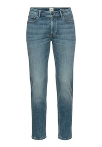 Lysblå denimjeans med regular fit, lige ben, fem-lommet design og subtile slidte strukturer. Har knap- og lynlåslukning.