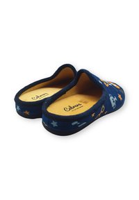 Zapatillas de tela azul marino con forro interior suave, que presentan coloridos diseños de temática espacial, estrellas y una suela de goma negra.