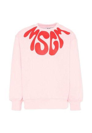 Jasnoróżowa bluza z długim rękawem z dużym, falistym czerwonym napisem "MSGM" na górnej części klatki piersiowej i ramionach.