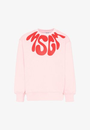 Sweat-shirt rose pâle à manches longues avec un lettrage rouge ondulé surdimensionné "MSGM" traversant le haut de la poitrine et la zone des épaules.