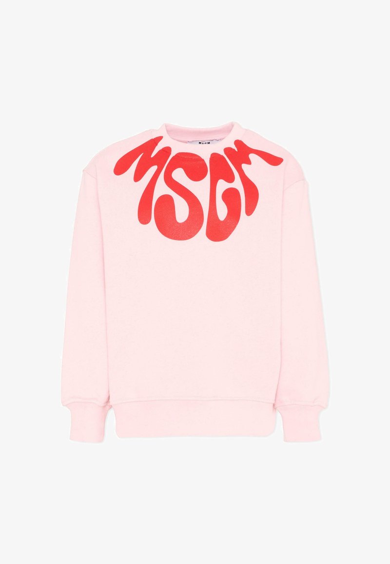 Sweat-shirt rose pâle à manches longues avec un lettrage rouge ondulé surdimensionné "MSGM" traversant le haut de la poitrine et la zone des épaules.
