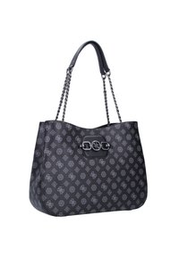 Sac tote noir avec une forme structurée, fabriqué en matériau synthétique à motifs. Doté d'une anse en chaîne et d'un détail de fermoir central.