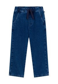 Pantaloni in denim blu con cintura elastica e cordino blu navy. Presentano due tasche laterali e un design a gamba dritta. Texture morbida.