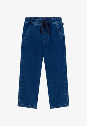 Blaue Denim-Hose mit elastischem Bund und dunkelblauem Kordelzug. Verfügt über zwei Seitentaschen und ein gerades Bein-Design. Weicher Stoff.