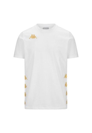 T-shirt bianca in cotone con colletto rotondo, maniche corte e accenti del logo Kappa dorato lungo i lati.