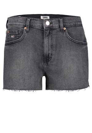 Czarne, wyblakłe szorty jeansowe z postrzępionym wykończeniem, przednim guzikiem, szlufkami na pasek, kieszeniami oraz małym, zaokrąglonym logo Tommy Jeans na przedniej kieszeni.