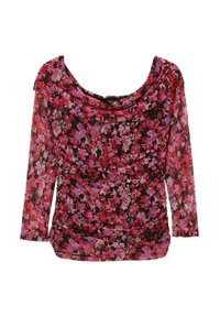Top floreale a maniche lunghe realizzato in un tessuto leggero e trasparente nei toni del rosa e del rosso. Presenta una scollatura drappeggiata e dettagli arricciati.