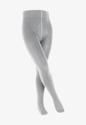 Collants gris en tricot avec une texture lisse et un design sans couture, dotés d'une taille large et d'une couverture intégrale.