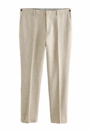 Beige wool trousers with a smooth texture, straight-leg design, two front pockets, and a single rear pocket with a button closure.