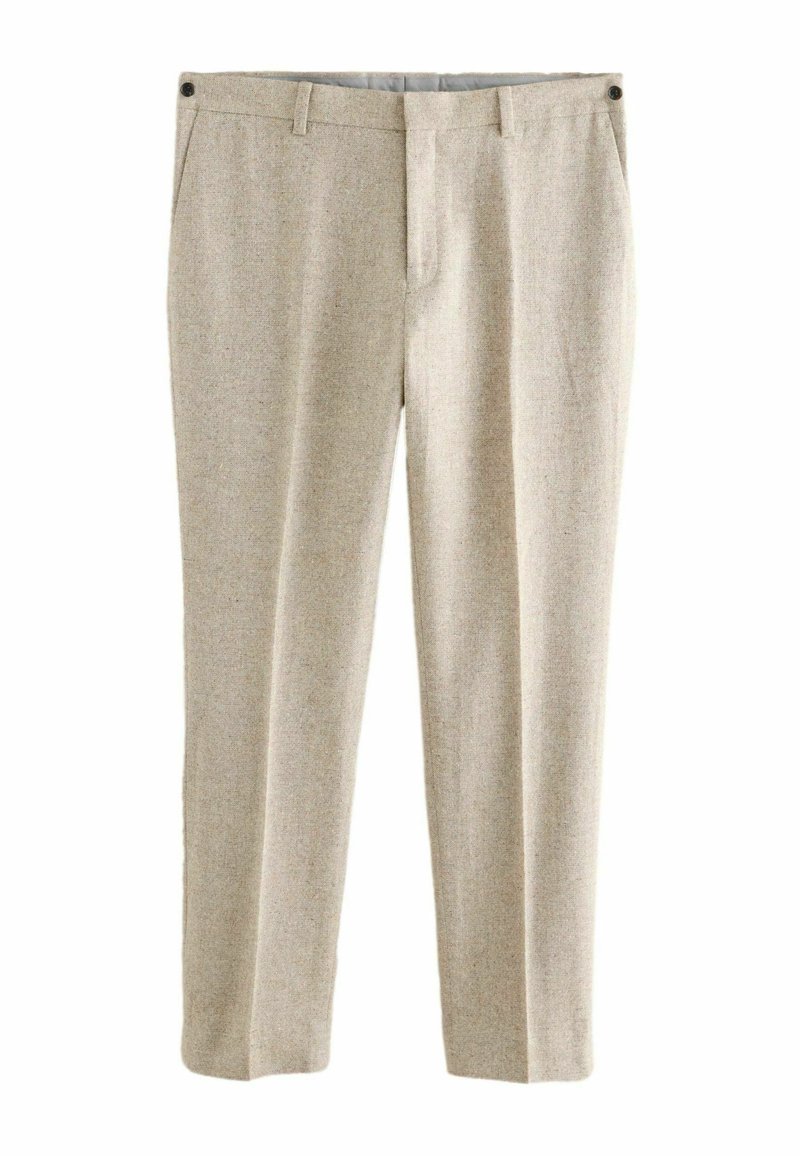 Beige wool trousers with a smooth texture, straight-leg design, two front pockets, and a single rear pocket with a button closure.