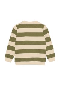 Langemouwentrui met brede horizontale olijfgroene en beige strepen, met ribbelmanchetten en -zoom, van achteren getoond.