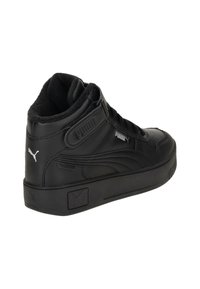 Svarta högmidjade sneakers i läder, med vadderad krage, snörningsdesign och en texturerad gummisula med logotypdetalj.