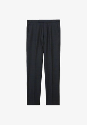 Pantaloni croiți gri închis cu un model subtil în carouri, față plată, două buzunare laterale și închidere cu dublu nasture la talie.