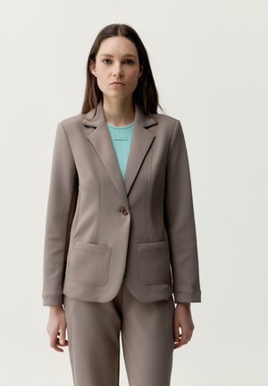 Vrouw met lang bruin haar, gekleed in een taupekleurig colbert en broek, met een lichtblauw shirt, staand tegen een effen lichte achtergrond.