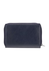 Cartera de cuero azul marino con textura suave, cierre de cremallera y diseño minimalista. Bordes redondeados y detalles en metal plateado.