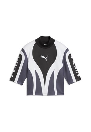Langærmet Puma top med sorte, hvide og grå abstrakte mønstre og Puma-logo på brystet og ærmerne.