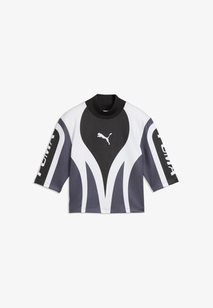 Długi rękaw top Puma z czarnymi, białymi i szarymi abstrakcyjnymi wzorami oraz logo Puma na piersi i rękawach.