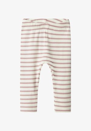 Leggings rayés avec une texture côtelée. Couleurs comprenant des rayures rose clair et blanches. Présente une taille élastique et une coupe ajustée.