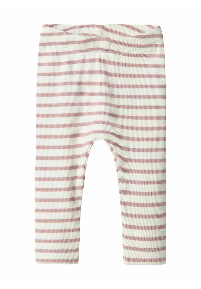 Csíkos leggings bordázott textúrával. Színek: világos rózsaszín és fehér csíkok. Rugalmas derékrésszel és testhez álló kialakítással rendelkezik.