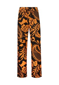 Zwarte broek met opvallende oranje bloemen- en bladranden. Wijd beenontwerp met een elastische tailleband en trekkoord. Gladde textuur.