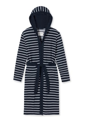 Granatowy szlafrok z kapturem, białe poziome paski, długie rękawy i pasek wiązany w talii.