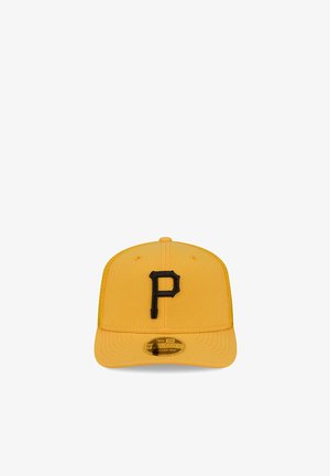 Yellow baseball cap with black letter "P" on front and curved brim, includes a gold "9TWENTY" sticker on the brim.