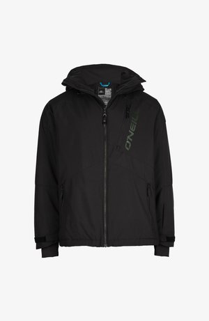 Giubbotto nero con cappuccio, chiusura con cerniera frontale e tasche laterali. Presenta un logo verde "O'Neill" e un tessuto testurizzato. Maniche regolabili.