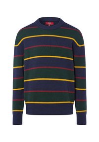 Marineblauer Pullover mit grünen, gelben und burgunderfarbenen Streifen. Rundhalsausschnitt, gerippte Bündchen und Saum, gefertigt aus gestricktem Material. Klassische Passform.