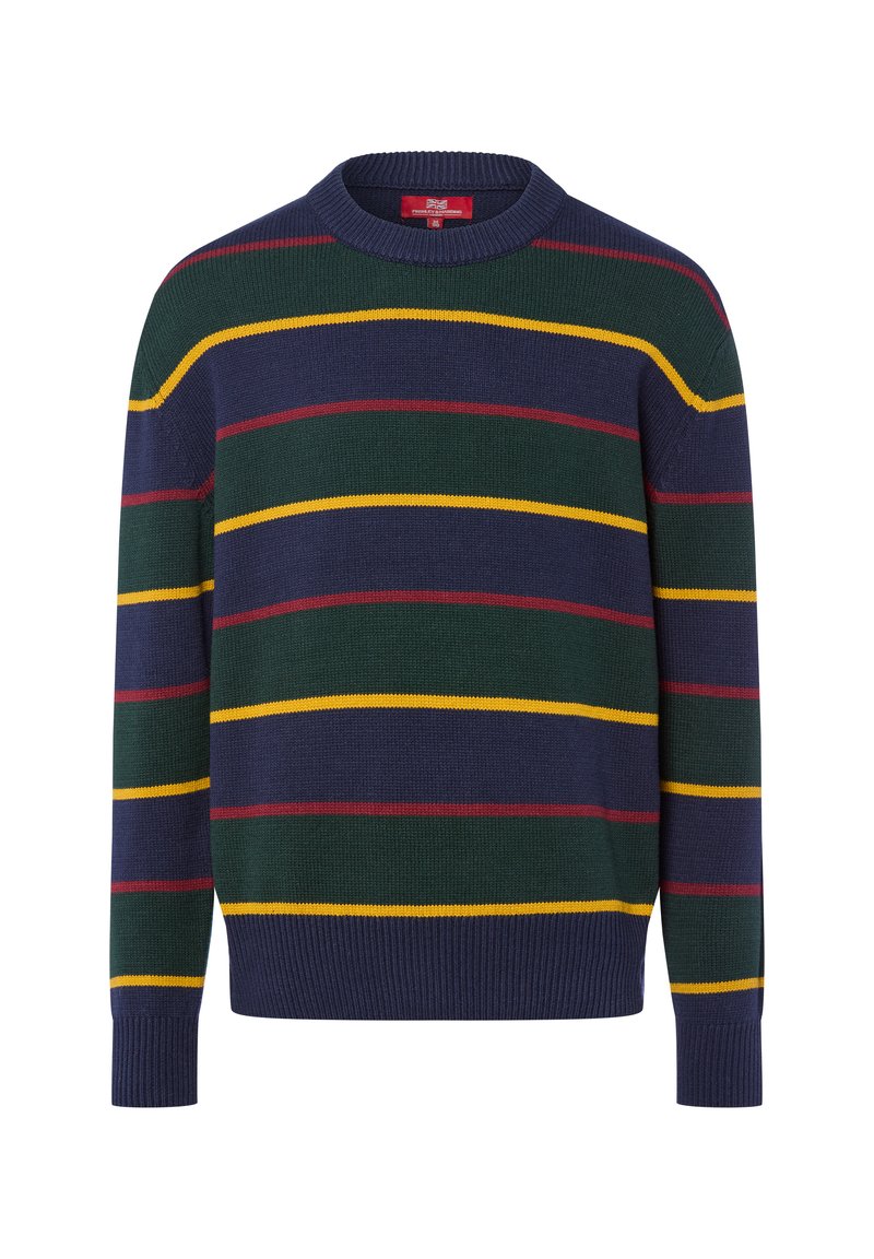 Marineblauer Pullover mit grünen, gelben und burgunderfarbenen Streifen. Rundhalsausschnitt, gerippte Bündchen und Saum, gefertigt aus gestricktem Material. Klassische Passform.