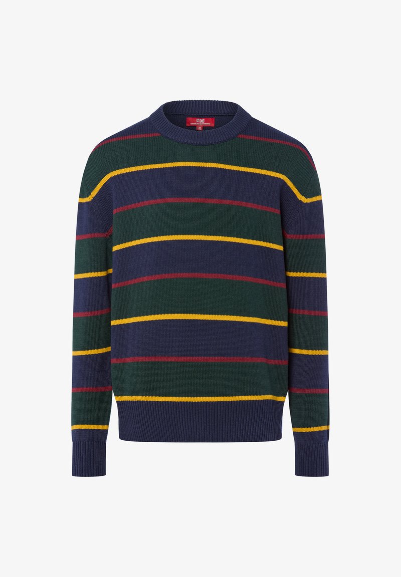 Navy sweater met groene, gele en bordeauxrode strepen. Ronde hals, geribbelde mouwen en onderrand, gemaakt van gebreid materiaal. Klassieke pasvorm.