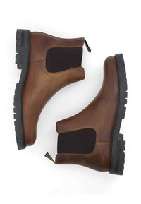 Braune Leder-Ankle-Boots mit elastischen Seitenteilen, Gummisohlen und strukturierter Oberfläche. Mit einer Schlaufe für einfaches Anziehen.