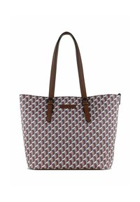 Sac fourre-tout avec un motif géométrique bordeaux et blanc, doté de anses en cuir marron et d'un corps rectangulaire avec une texture lisse.