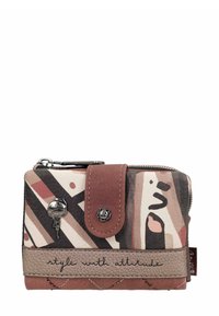 Cartera compacta con patrones abstractos en rosa, marrón y crema. Fabricada en piel texturizada con cierre a presión y herrajes decorativos.