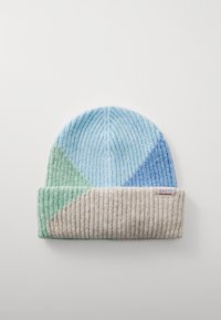 Knit beanie with a multi-colored design featuring light blue, green, and beige. Textured ribbing and a folded cuff with a brand tag.