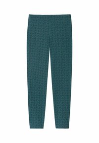 Teal leggings featuring a subtle, repeating curved pattern. Made of soft, stretchable fabric with an elastic waistband for comfort.