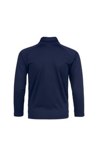 Marineblaues Langarm-Polo-Shirt aus glattem Stoff, mit Kragen und Raglanärmeln, in einem schlichten und einheitlichen Design.