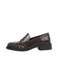 Brown patent leather loafer with a rounded toe, fringe detailing, and a low block heel. Features a textured crocodile pattern.