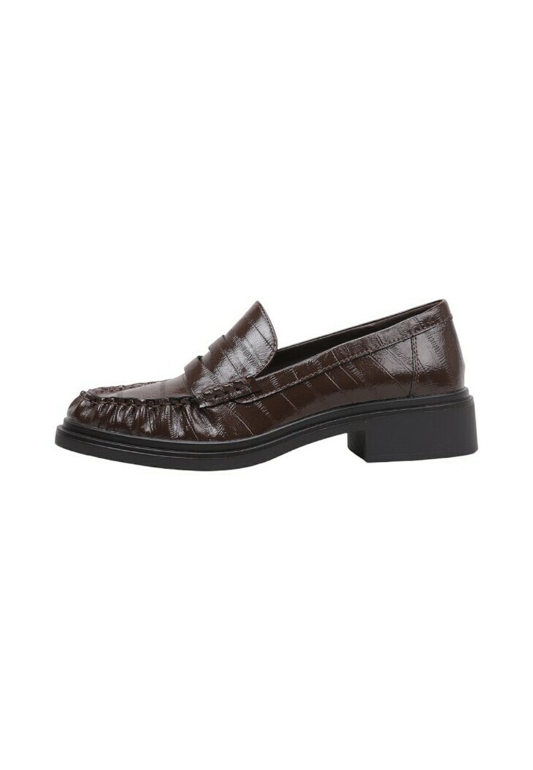 Brown patent leather loafer with a rounded toe, fringe detailing, and a low block heel. Features a textured crocodile pattern.