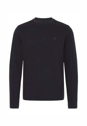 Zwarte lange mouw gebreide trui met een ronde hals, textuurstof en subtiele logo-opdruk op de borst. Eenvoudig, rechtvallend ontwerp.
