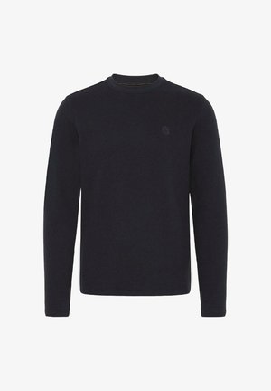 Zwarte lange mouw gebreide trui met een ronde hals, textuurstof en subtiele logo-opdruk op de borst. Eenvoudig, rechtvallend ontwerp.