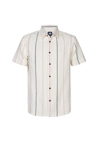 Korte mouw shirt in crèmekleurige stof met verticale rode en zwarte strepen. Knopenlijst met bruine knopen. Casual pasvorm en textuur.
