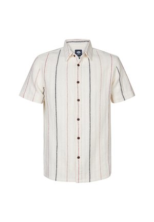 Korte mouw shirt in crèmekleurige stof met verticale rode en zwarte strepen. Knopenlijst met bruine knopen. Casual pasvorm en textuur.