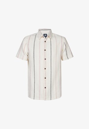 Korte mouw shirt in crèmekleurige stof met verticale rode en zwarte strepen. Knopenlijst met bruine knopen. Casual pasvorm en textuur.