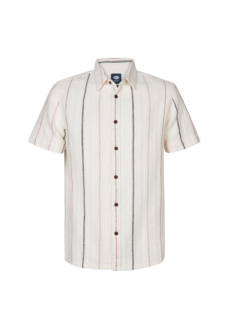 Korte mouw shirt in crèmekleurige stof met verticale rode en zwarte strepen. Knopenlijst met bruine knopen. Casual pasvorm en textuur.