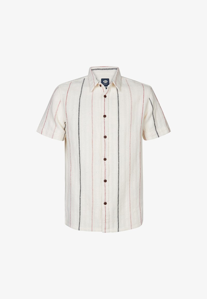 Kurzarmhemd aus cremefarbenem Stoff mit vertikalen roten und schwarzen Streifen. Knopfleiste mit braunen Knöpfen. Lässige Passform und Textur.